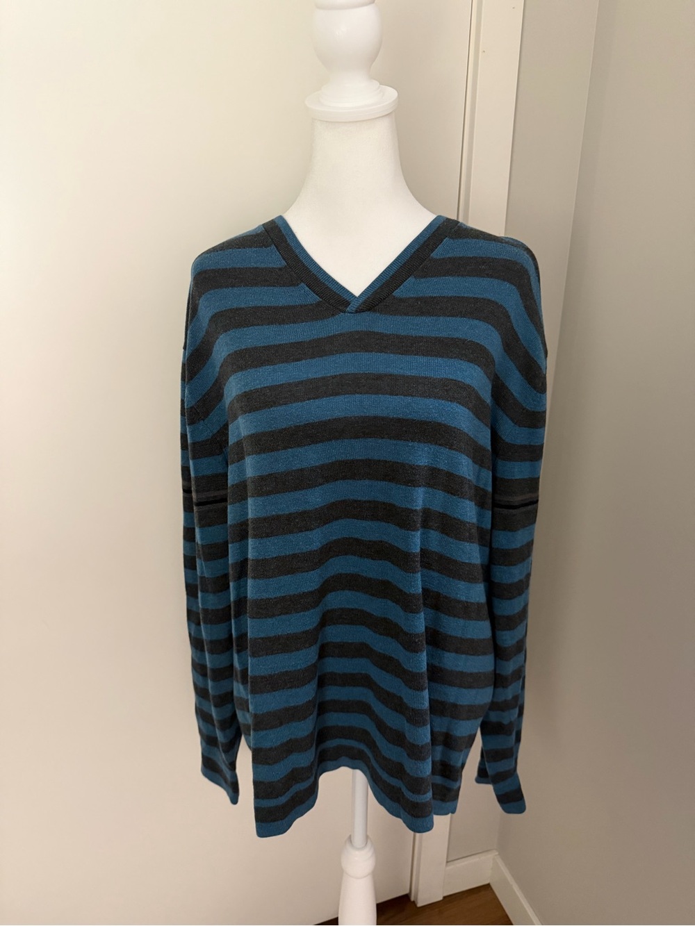 Perry Ellis Striped V-Neck Sweater - Teal & Charcoal